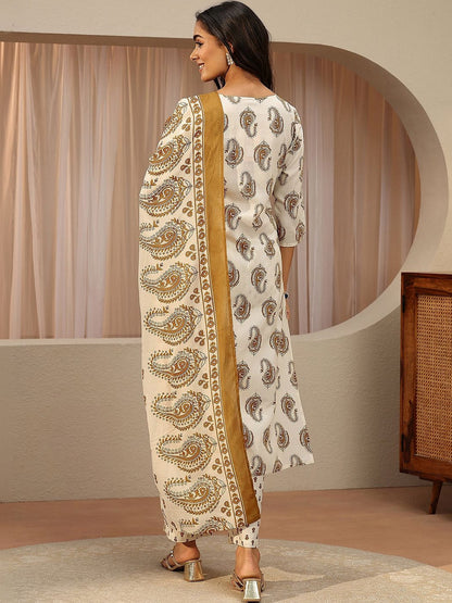 Off White Paisley Printed Cotton Blend Straight Suit Set