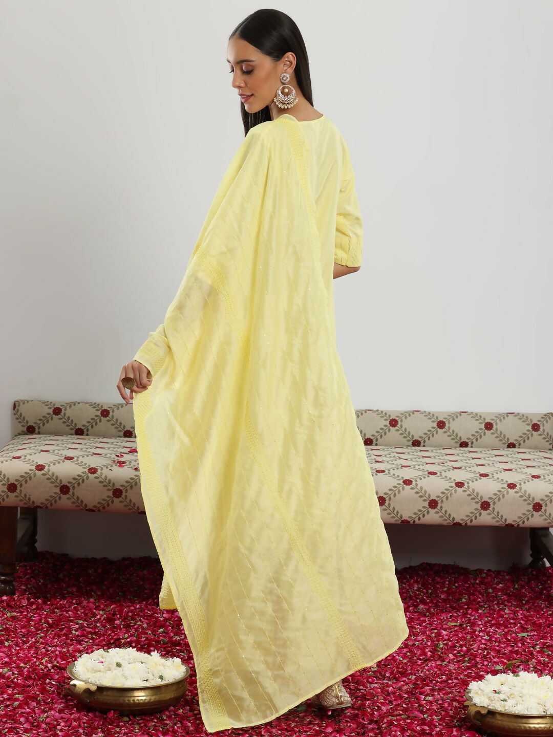 Women's LB Yellow Self Design Silk Blend Straight Suit With Dupatta