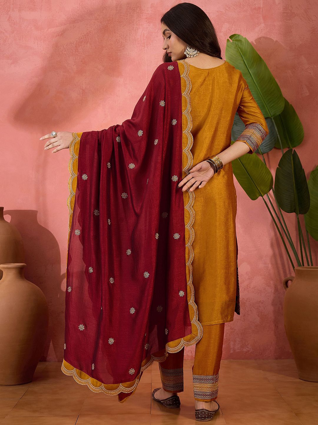 Dhiyona SN Vichitra Zari Sequence Embroidered Kurta With Trousers & Dupatta