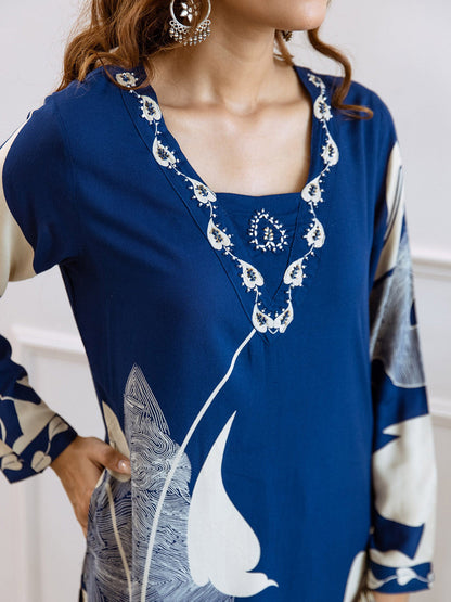 Floral Printed V-Neck Beads and Stones Straight Kurta With Palazzos