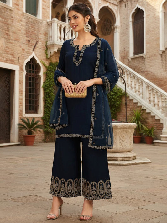 Dhiyona KL Ethnic Motifs Embroidered Straight Kurta with Trousers & Dupatta