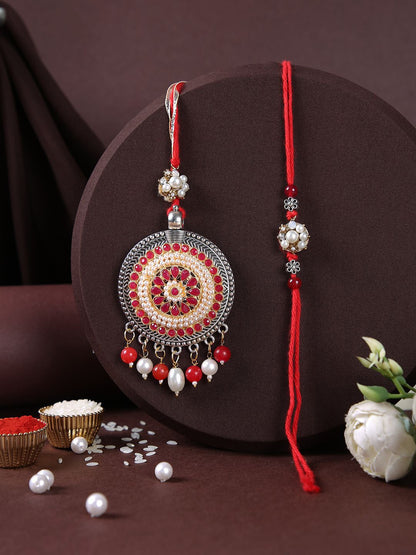 Dhiyona Bhaiya Bhabhi Charming Floral Thread Rakhi With Roli Chawal & Greetings Card