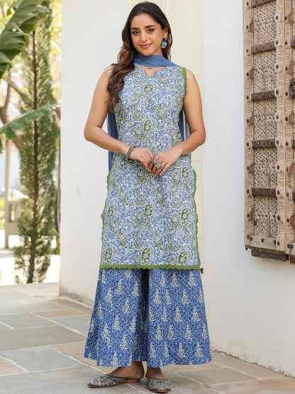 Dhiyona RR Women's Ethnic Motifs Printed Regular Pure Cotton Kurta with Palazzos & With Dupatta