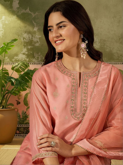 Women Ethnic Motifs Embroidered Regular Chanderi Cotton Kurta with Trousers & With Dupatta