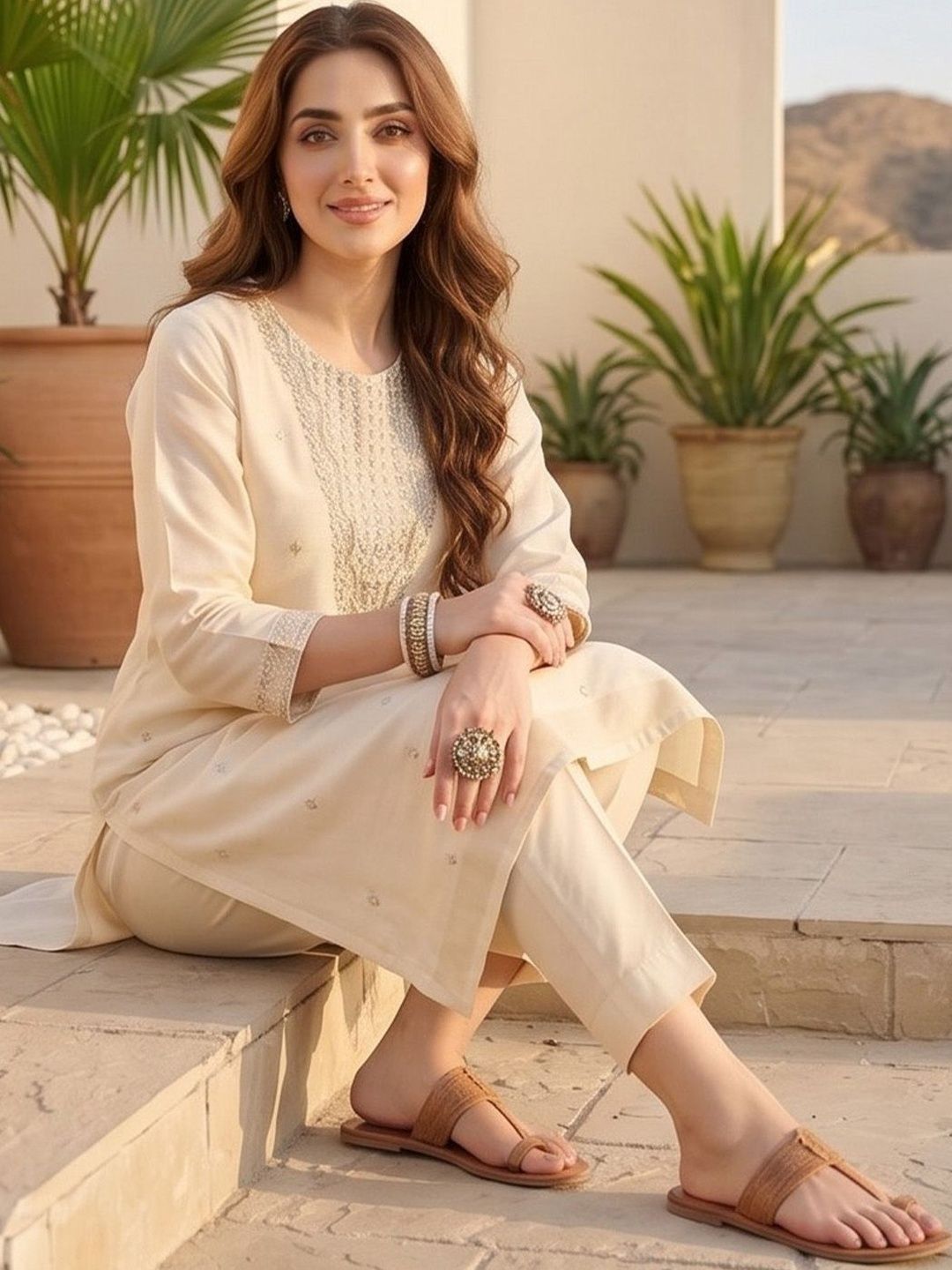 Off White Women Ethnic Motifs Embroidered Regular Thread Work Kurta with Trousers & With Dupatta