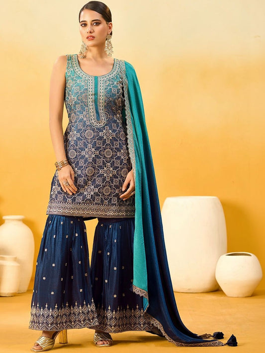 Dhiyona KL Women Ethnic Motifs Regular Thread Work Kurta with Sharara & With Dupatta
