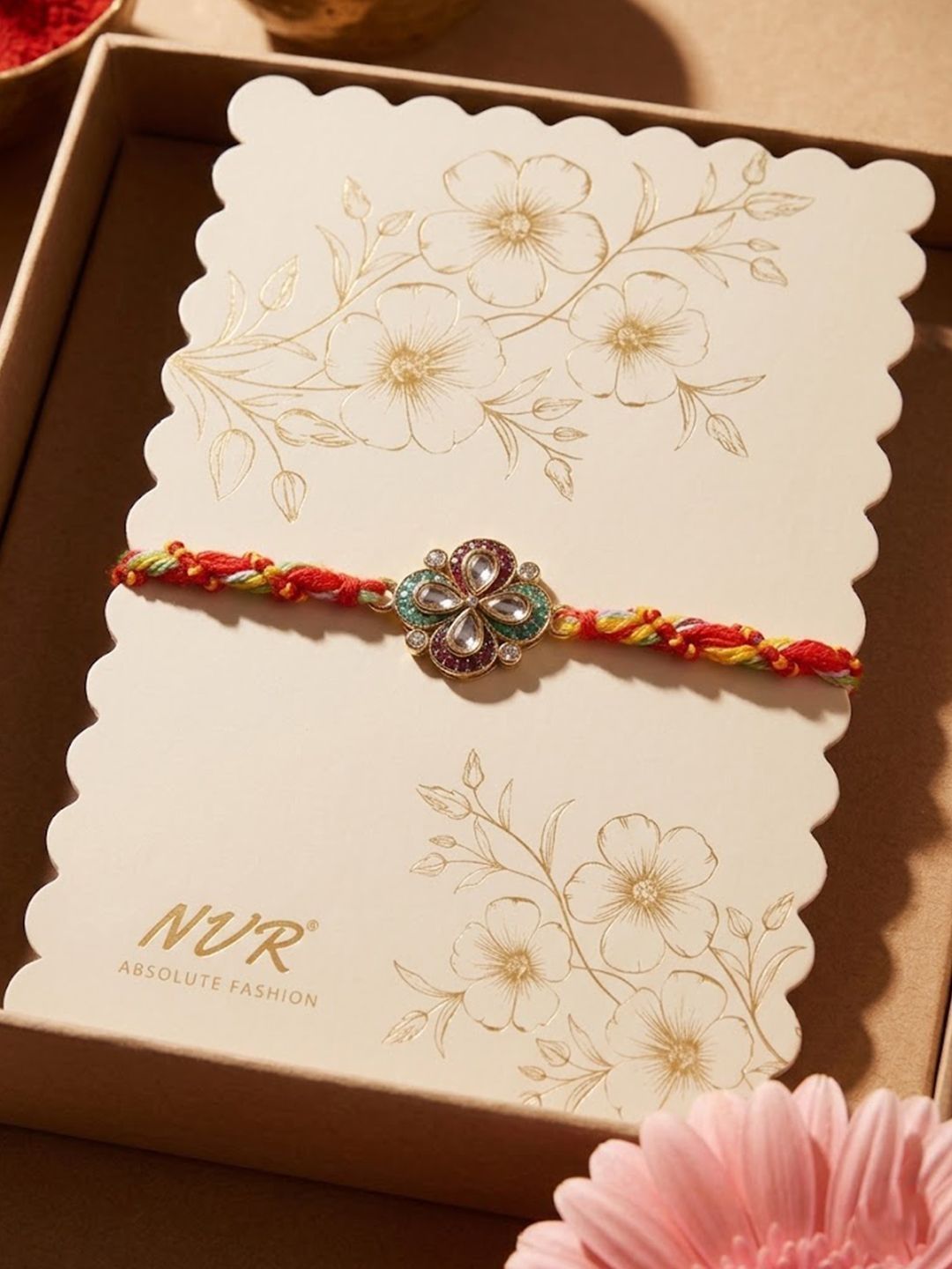 Dhiyona Traditional Artificial Stones Thread Rakhi With Roli Chawal Chandan Mishri