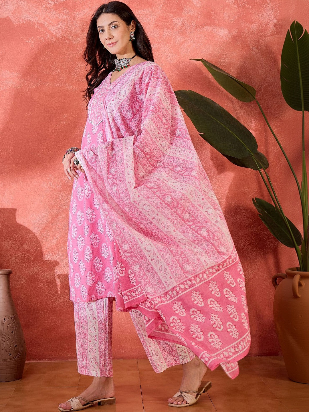 Printed Pure Cotton V-Neck Kurta Sets