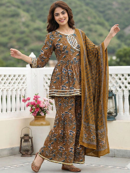 Dhiyona AN Women Floral Printed Angrakha Patchwork Pure Cotton Kurta with Sharara & With Dupatta