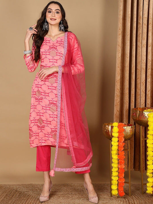 Dhiyona KL Floral Printed Notch Neck Straight Kurta With Trousers & Dupatta