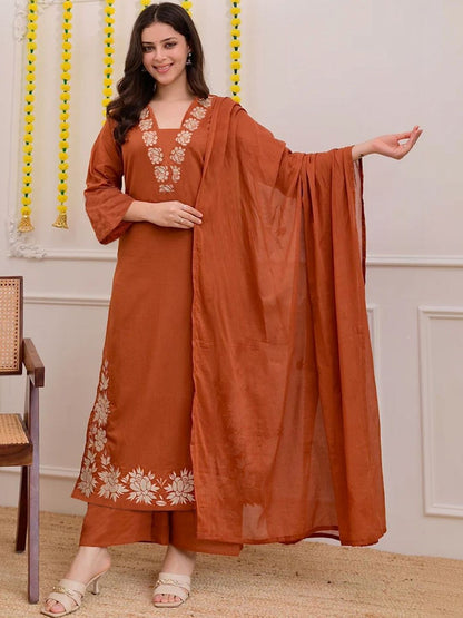 Dhiyona KL Women Floral Embroidered Regular Thread Work Kurta with Palazzos & With Dupatta