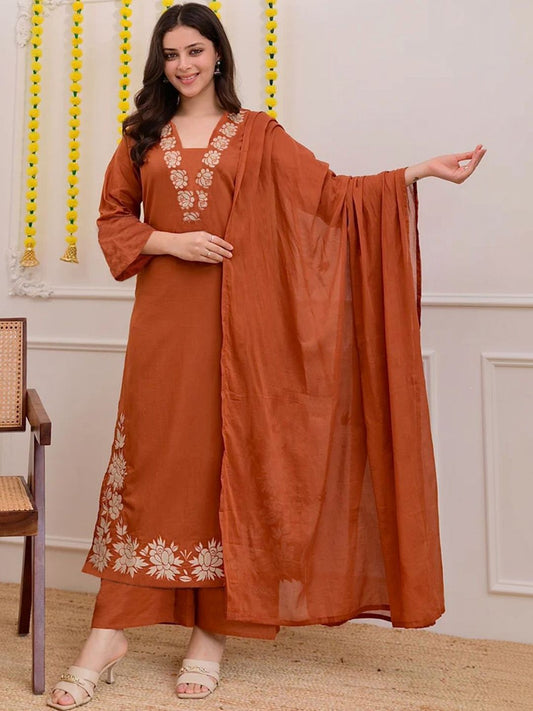 Dhiyona KL Women Floral Embroidered Regular Thread Work Kurta with Palazzos & With Dupatta
