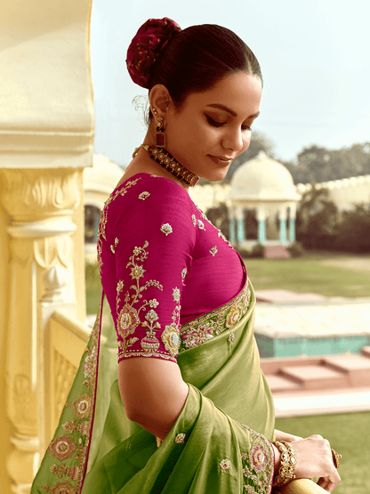 Dhiyona KM Women Olive Green Designer Tissue Silk Saree