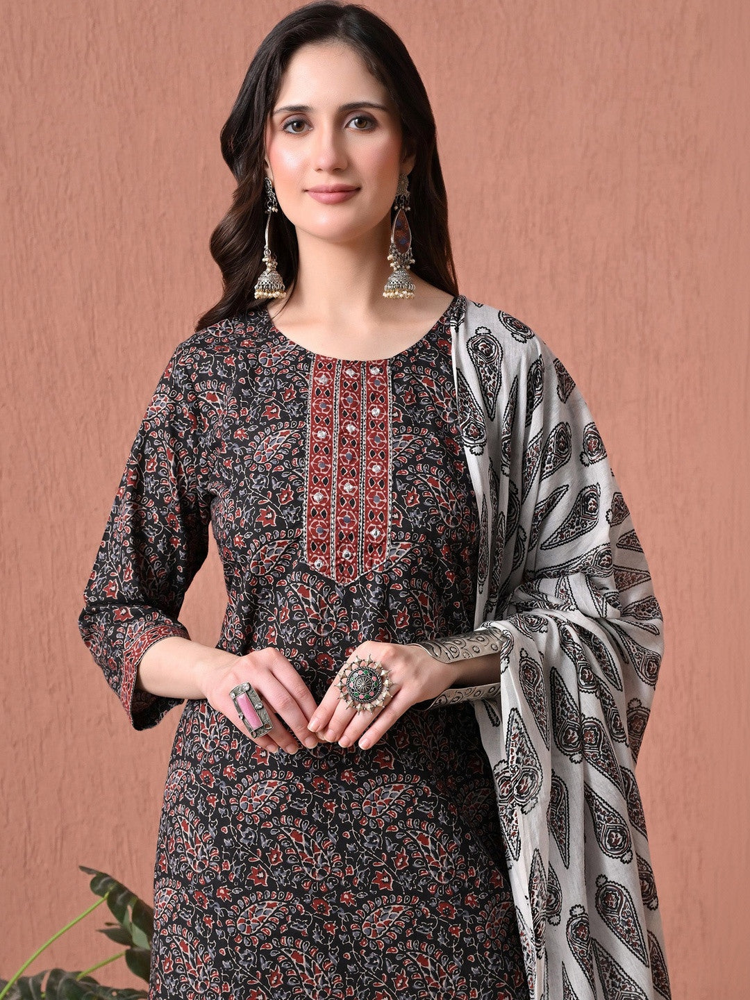 Women Ethnic Motifs Printed Regular Thread Work Pure Cotton Kurta with Trousers & With Dupatta
