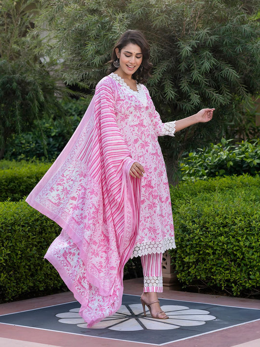 Dhiyona KL Women Floral Printed Regular Pure Cotton Kurta with Trousers & With Dupatta