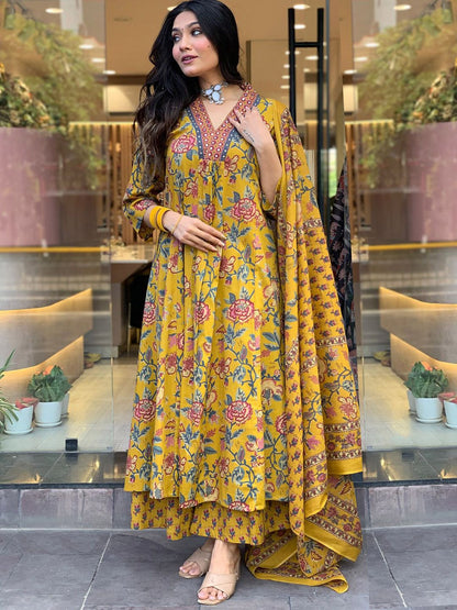Dhiyona KL Floral Printed V Neck Mirror Work Anarkali Kurta With Trousers & Dupatta