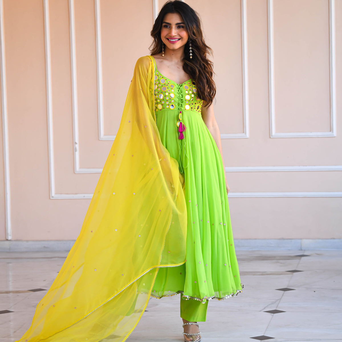 Yellow Green Mirror Work Suit Set