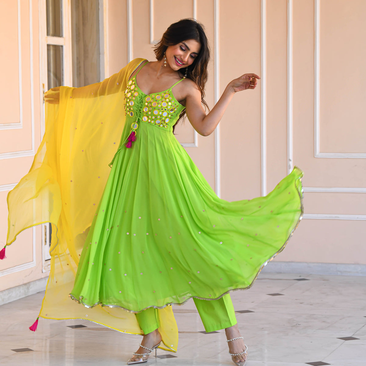 Yellow Green Mirror Work Suit Set