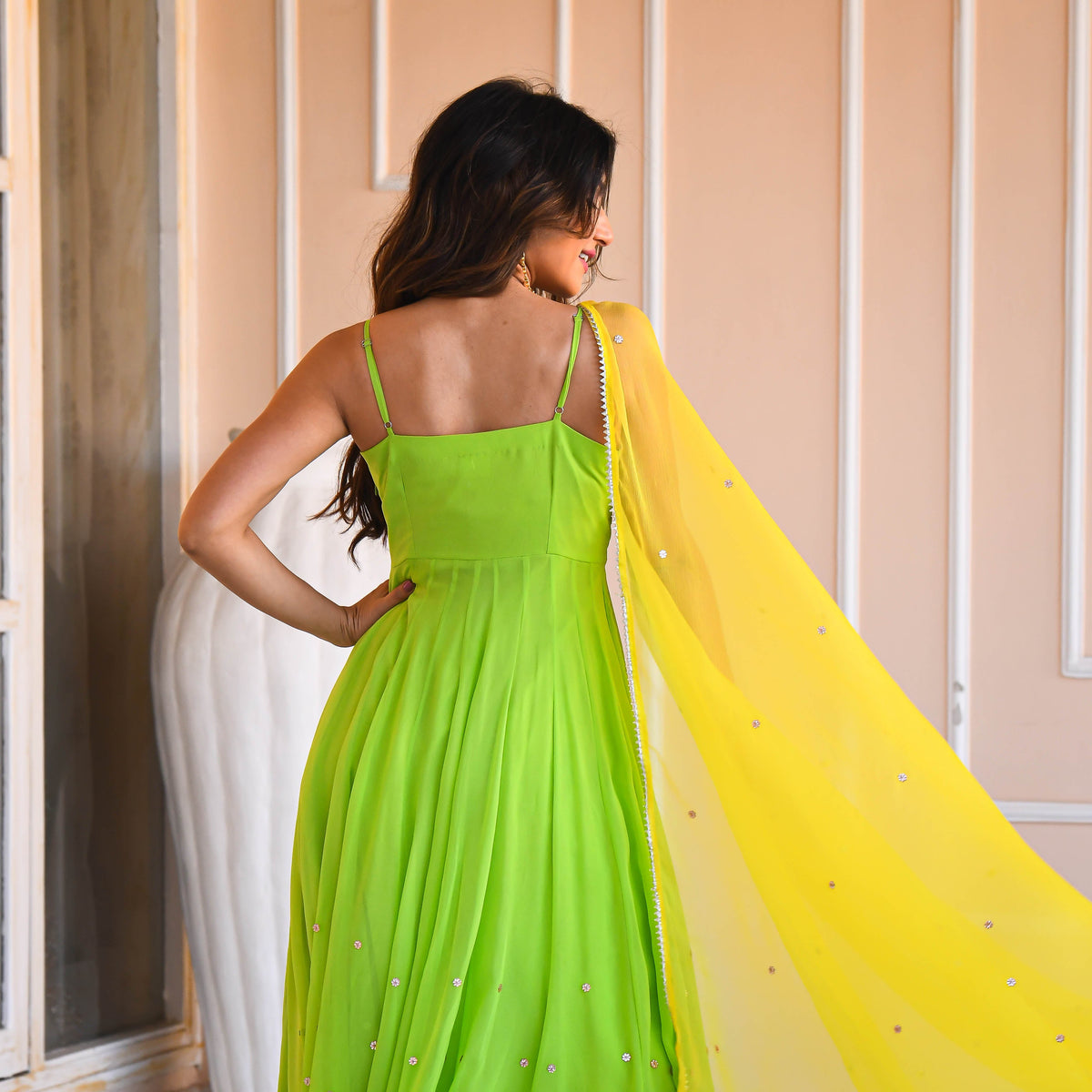 Yellow Green Mirror Work Suit Set