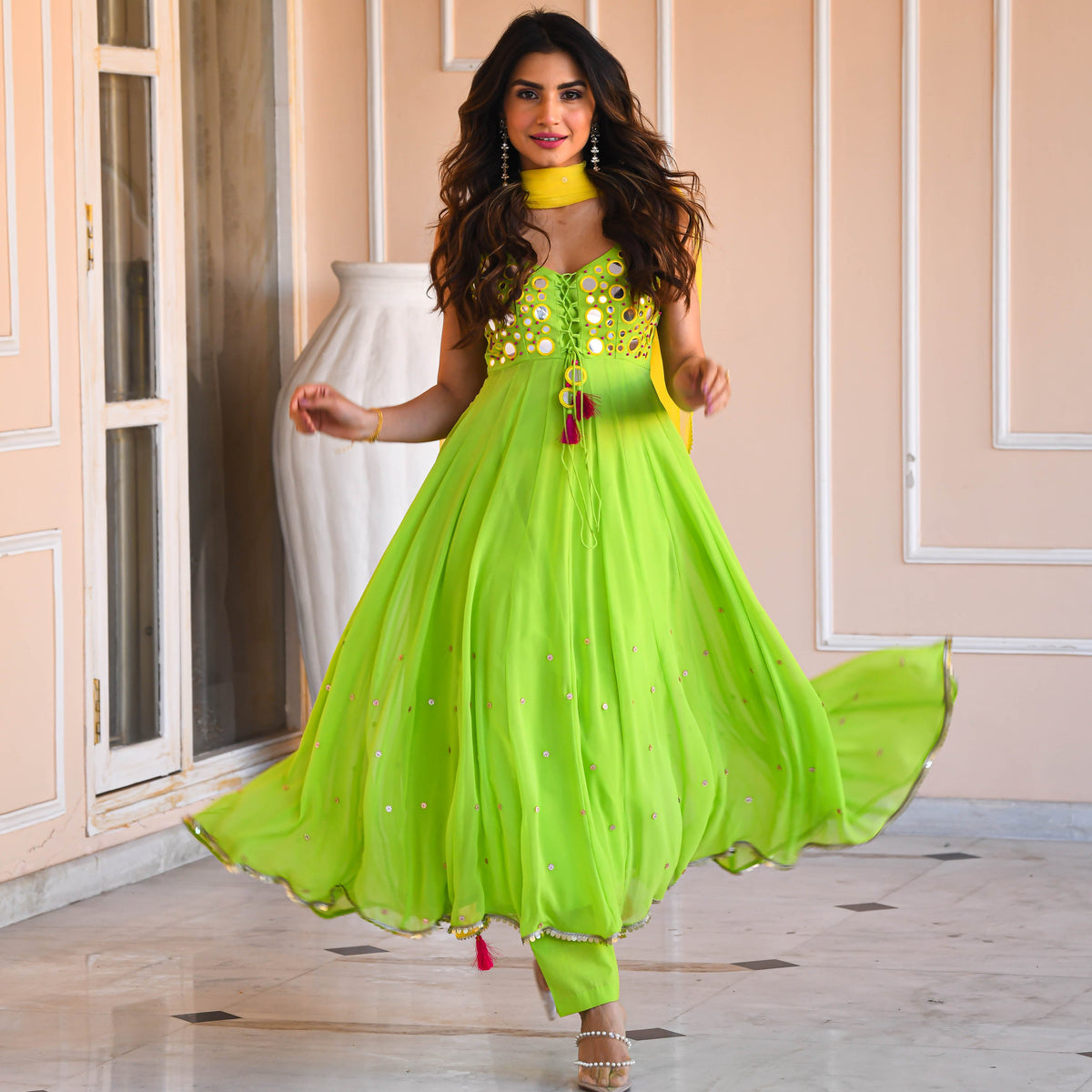 Yellow Green Mirror Work Suit Set