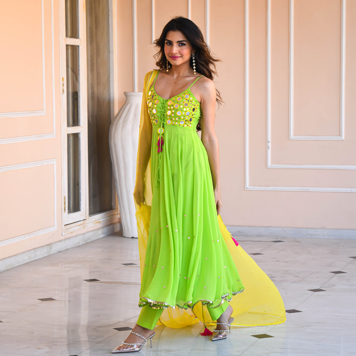 Yellow Green Mirror Work Suit Set