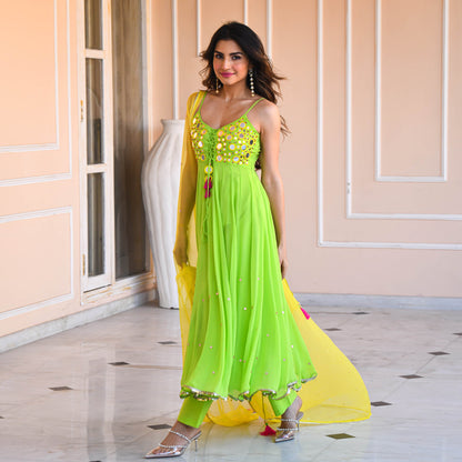 Yellow Green Mirror Work Suit Set
