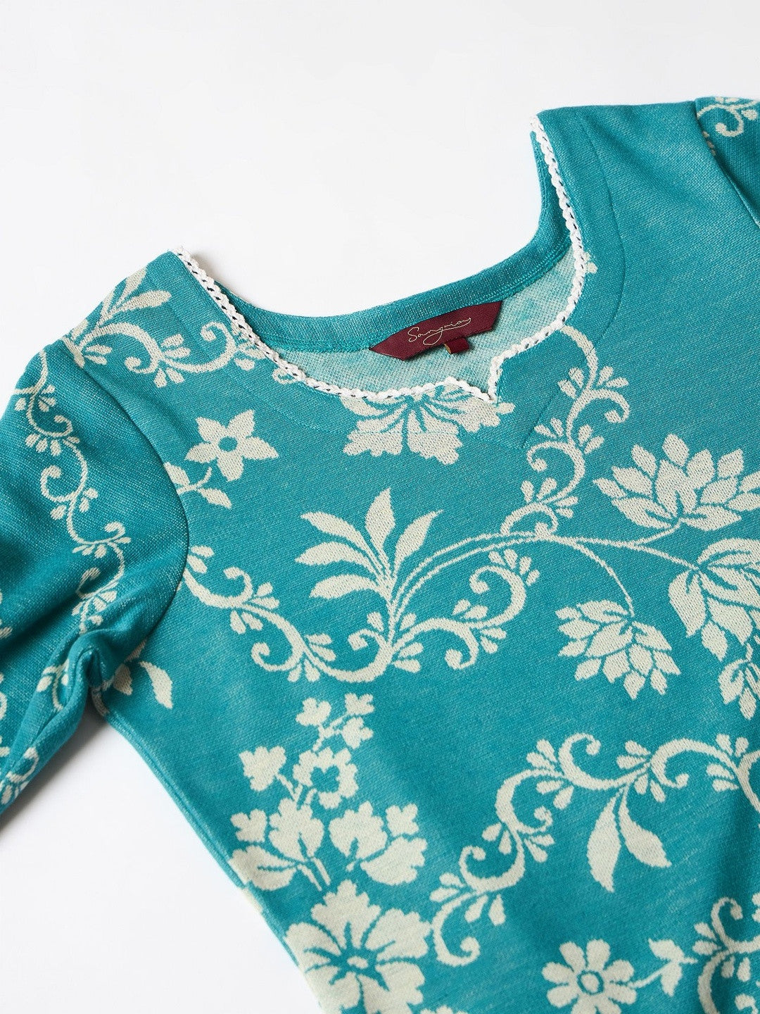 Women Winter Floral Woven Design Straight Kurta With Trousers & Dupatta