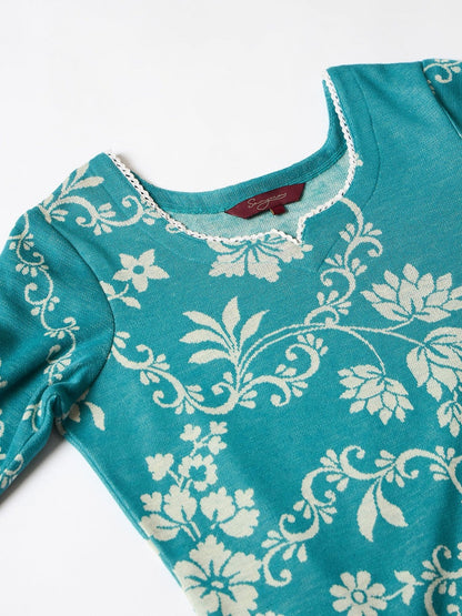 Women Winter Floral Woven Design Straight Kurta With Trousers & Dupatta