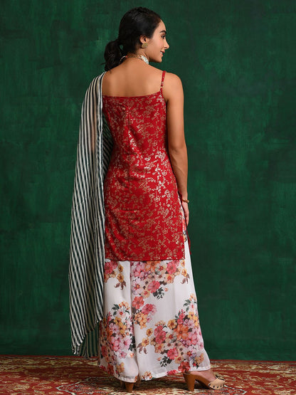 Dhiyona SN Red & White Floral Printed Zari Georgette Straight Kurta With Palazzo & Dupatta