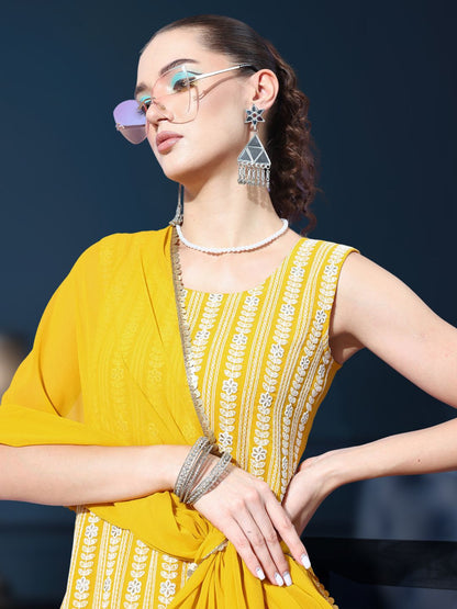 Dhiyona SN Floral Embroidered Sequinned Work Georgette Straight Kurta With Palazzo & Dupatta
