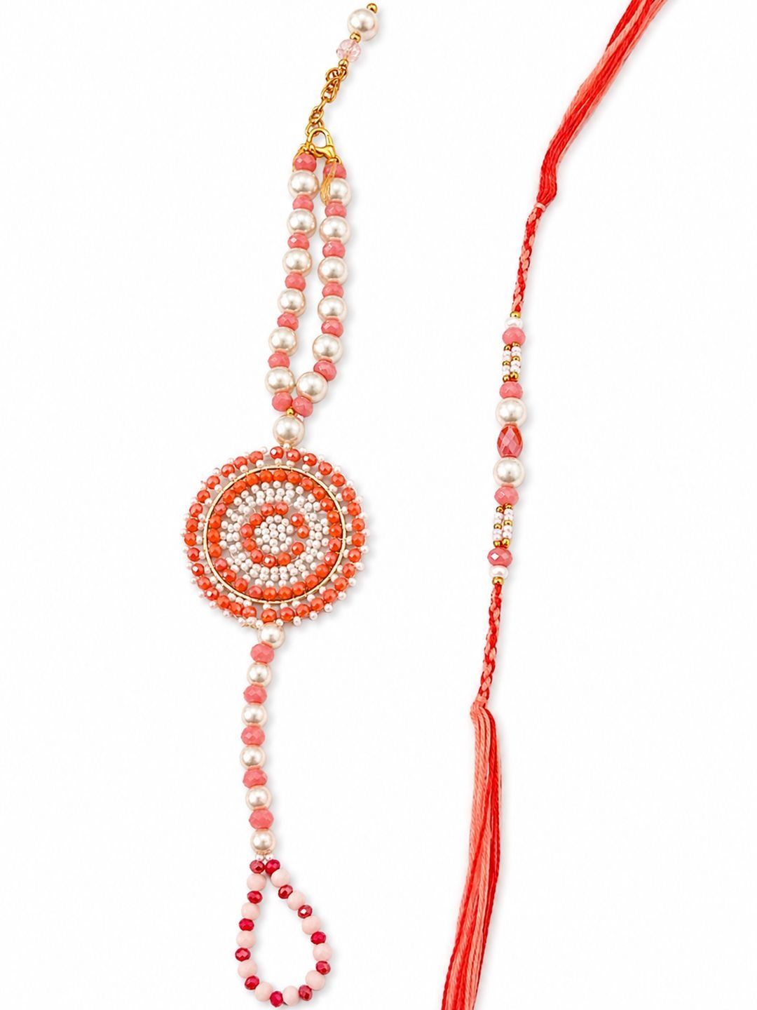 Dhiyona Set Of 2 Gold Toned Pearls & Beads Round Shape Bhaiya Bhabhi Rakhi With Roli Chawal