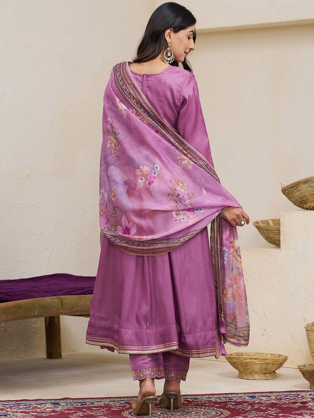 Dhiyona CH Floral Yoke Design Thread Work Anarkali Kurta With Trousers And Dupatta