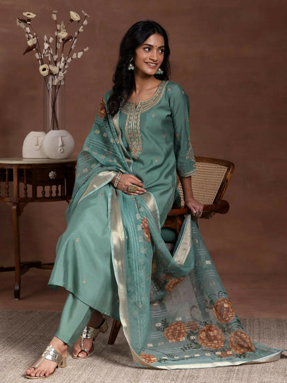 Women's LB Green Embroidered Silk Blend Straight Suit With Dupatta