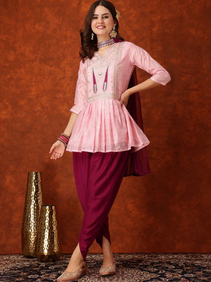 Paisley Embroidered Sequinned Chanderi Silk Kurti With Dhoti Pants & Dupatta