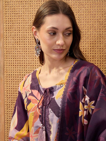 Floral Printed Round Neck Lace Hem Kurta & Trousers With Dupatta