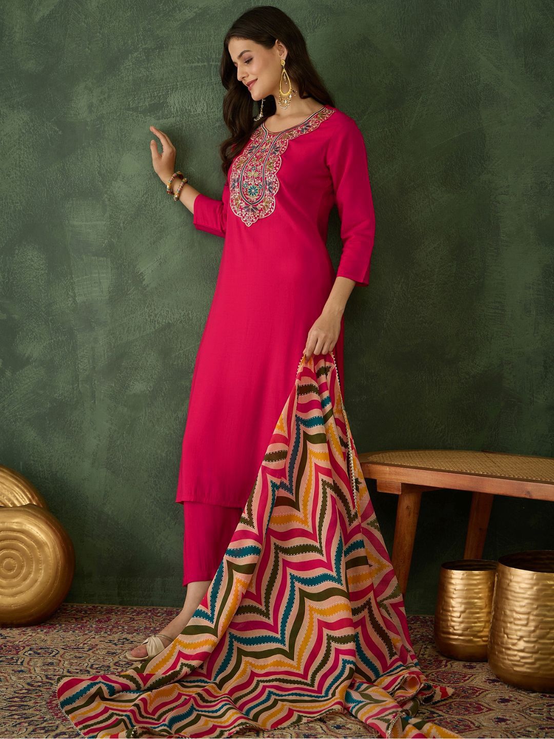 Dhiyona KL Women Ethnic Motifs Embroidered Kurta with Trousers & Dupatta