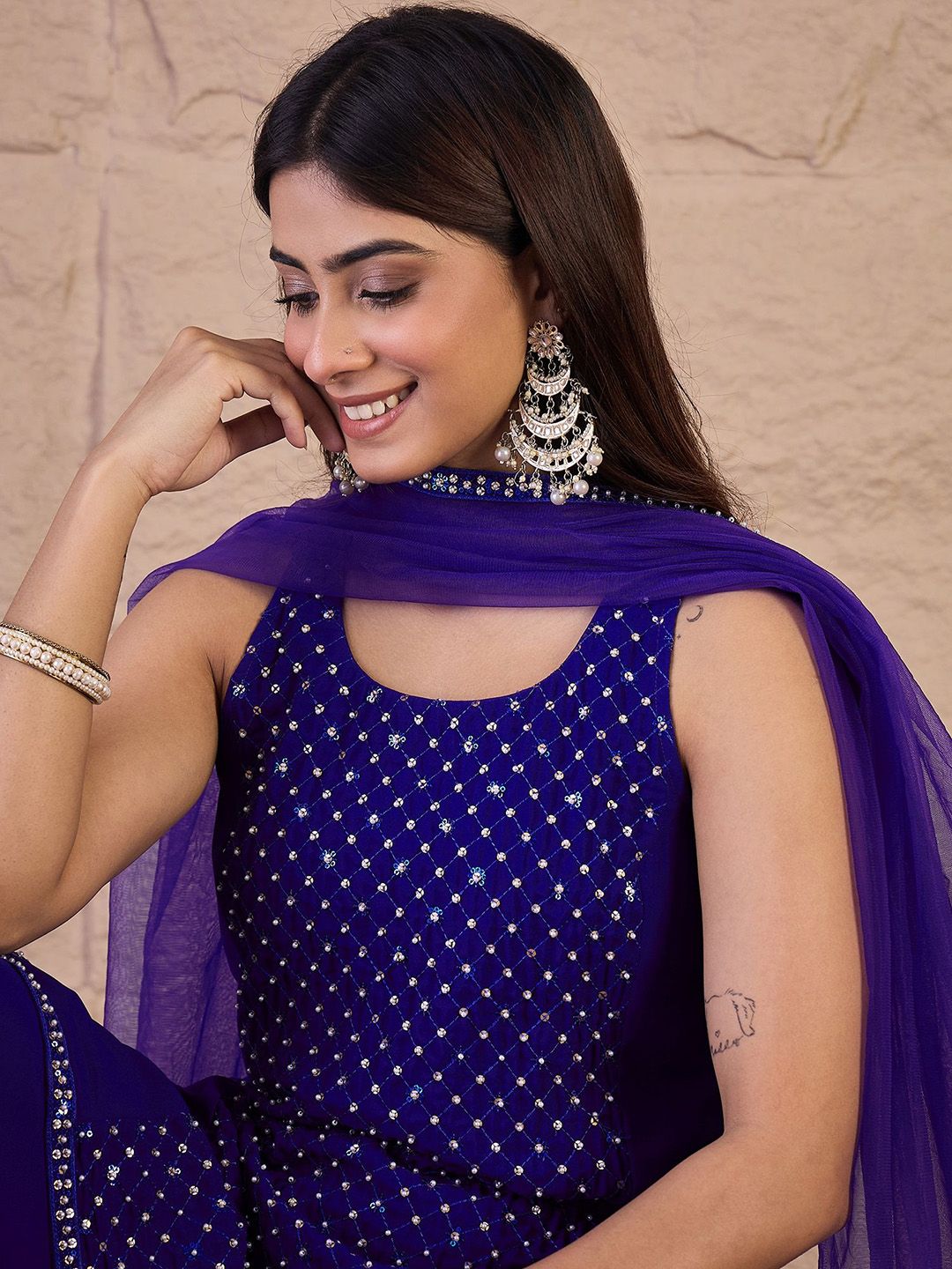 Dhiyona IN Embroidered Round Neck Sequinned Georgette Kurta With Palazzos & Dupatta