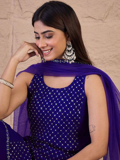 Dhiyona IN Embroidered Round Neck Sequinned Georgette Kurta With Palazzos & Dupatta