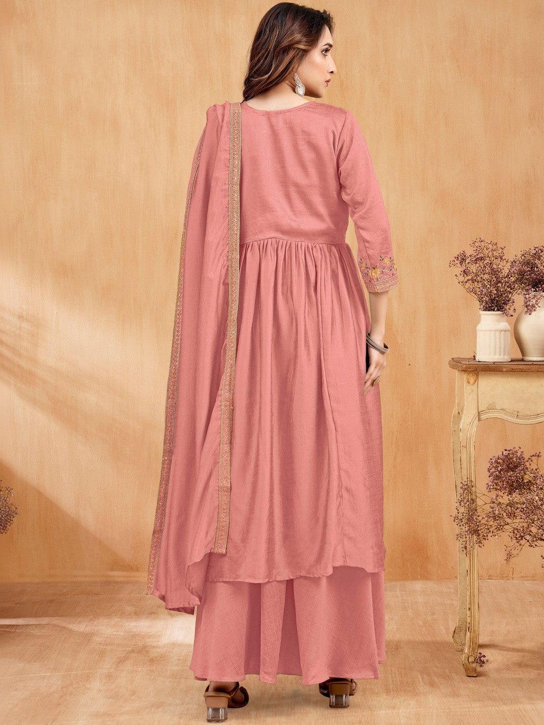 Embroidered V-Neck Kurta Trousers & Dupatta
