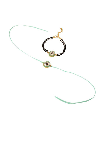 Dhiyona Set Of 2 Green Round Shape Artificial Stones Bhaiya Bhabhi Rakhi With Roli Chawal