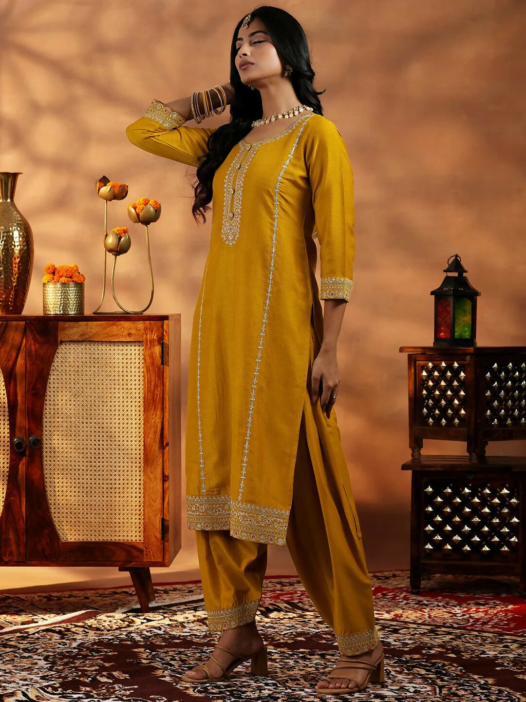 Women's LB Mustard Embroidered Silk Blend Straight Suit With Dupatta