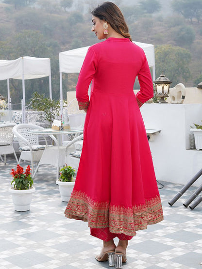 Dhiyona KL Ethnic Motifs Printed Mandarin Collar Anarkali Kurta with Trouser & Dupatta