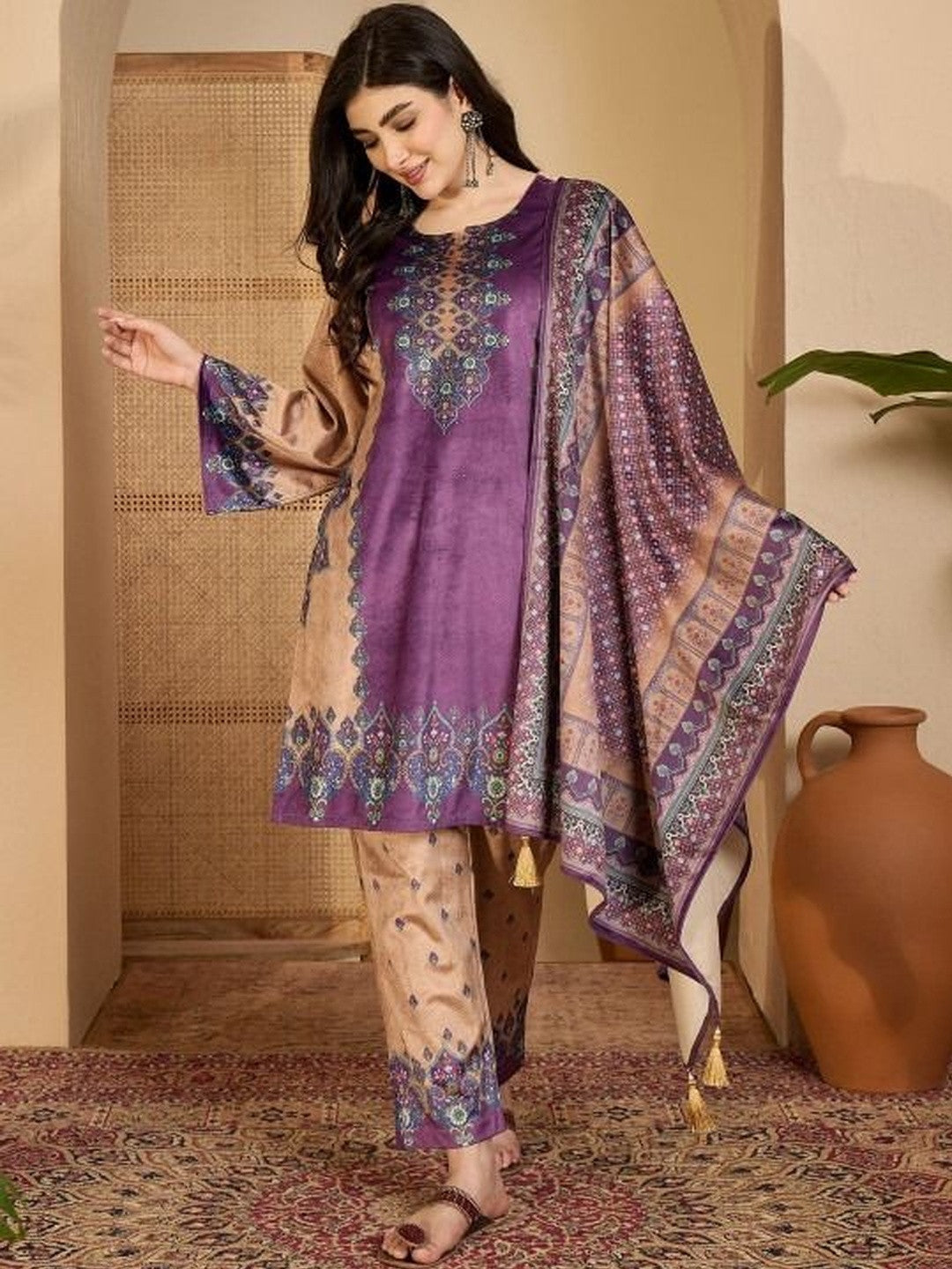 Dhiyona SN Printed Velvet Round Neck Kurta & Trousers with Dupatta set