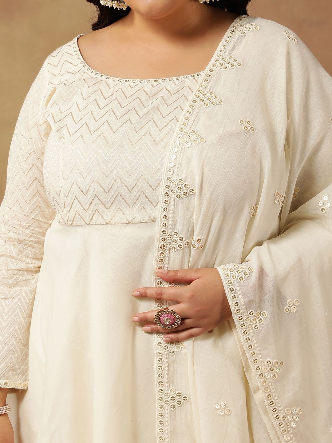 Dhiyona IN Chevron Embroidered Thread Work Anarkali Cotton Kurta with Trouser & Dupatta