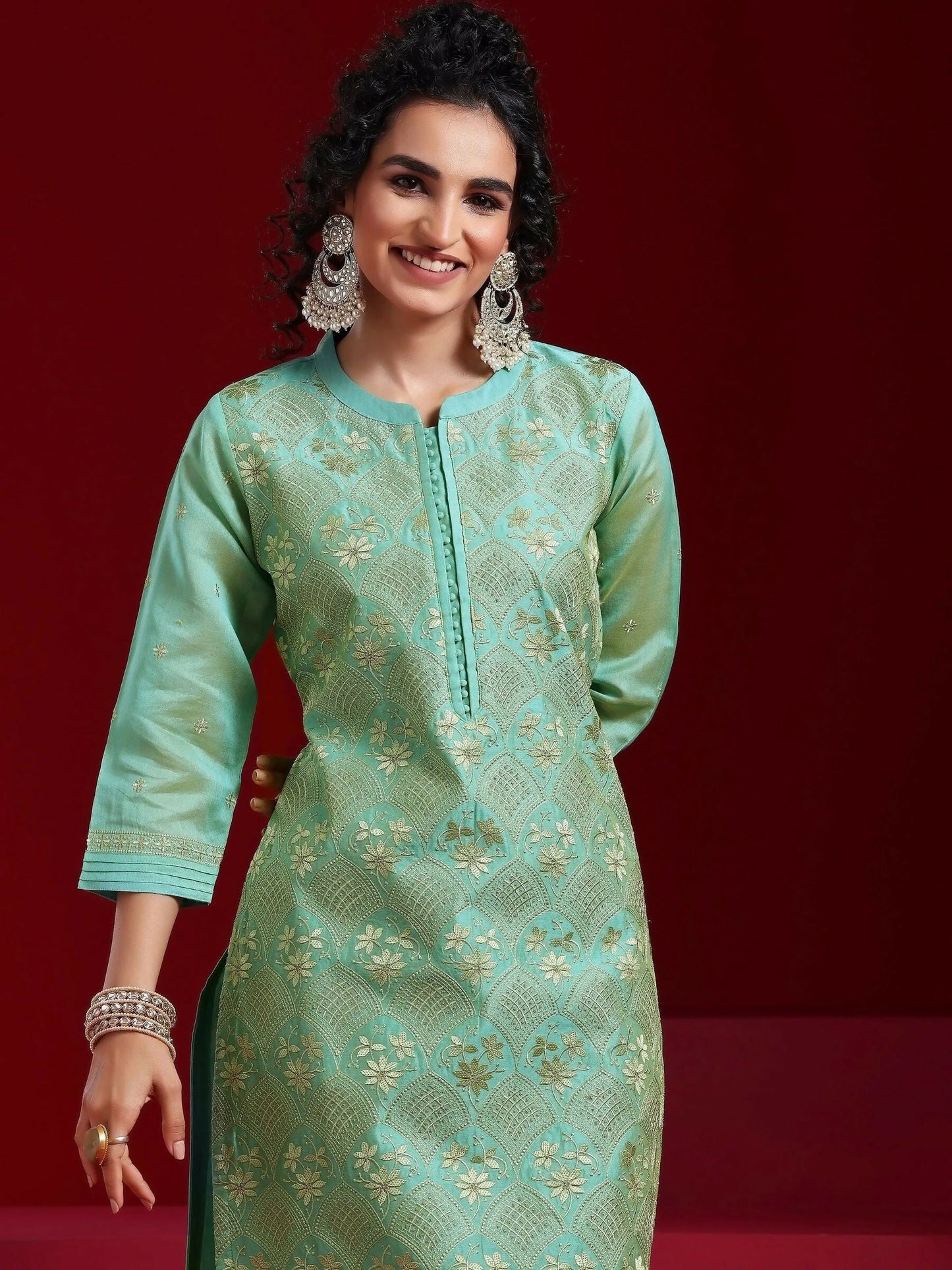 Women's LB Art Green Embroidered Chanderi Silk Straight Suit With Dupatta