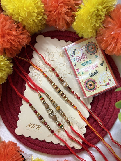 Dhiyona Set Of 5 Multicolor Designer Thread Rakhi With Roli Chawal Chandan Mishri
