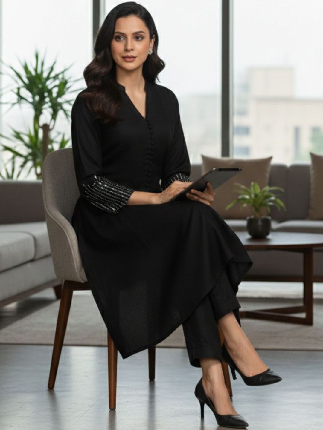 Black Women Regular Sequinned Kurta with Trousers