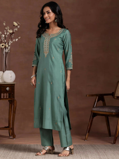 Women's LB Green Embroidered Silk Blend Straight Suit With Dupatta