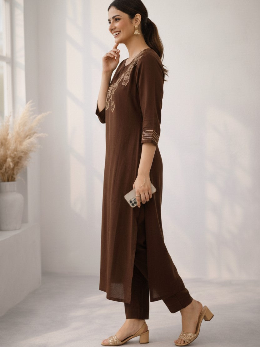 Mishka Coffee Embroidered Kurta Pant Set