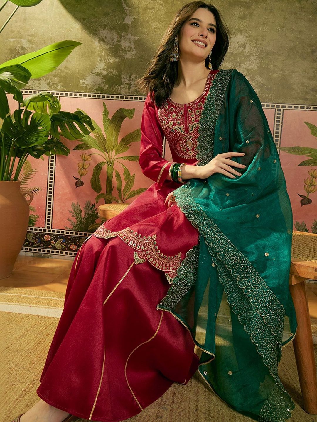 Dhiyona SN Embroidered A-Line Kurta With Palazzo & Dupatta